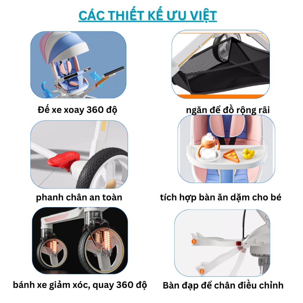 Xe đẩy 2 chiều gấp gọn cho bé cao cấp COCOBEE, xe đẩy cho bé có chế độ giảm sốc, xoay 360 độ, tiện dụng cho mẹ và bé