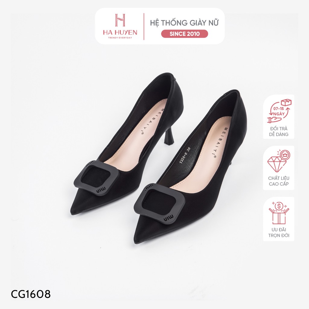 Giày cao gót nữ Hà Huyền Shoes da lì đính khóa nhựa chữ nhật gót nhọn 7 phân - CG1608