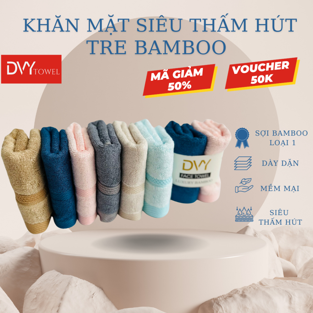 Khăn Mặt Sợi Tre Bamboo Mềm Mại Dày  Siêu Thấm Hút Không Xù Bông Không Phai Màu