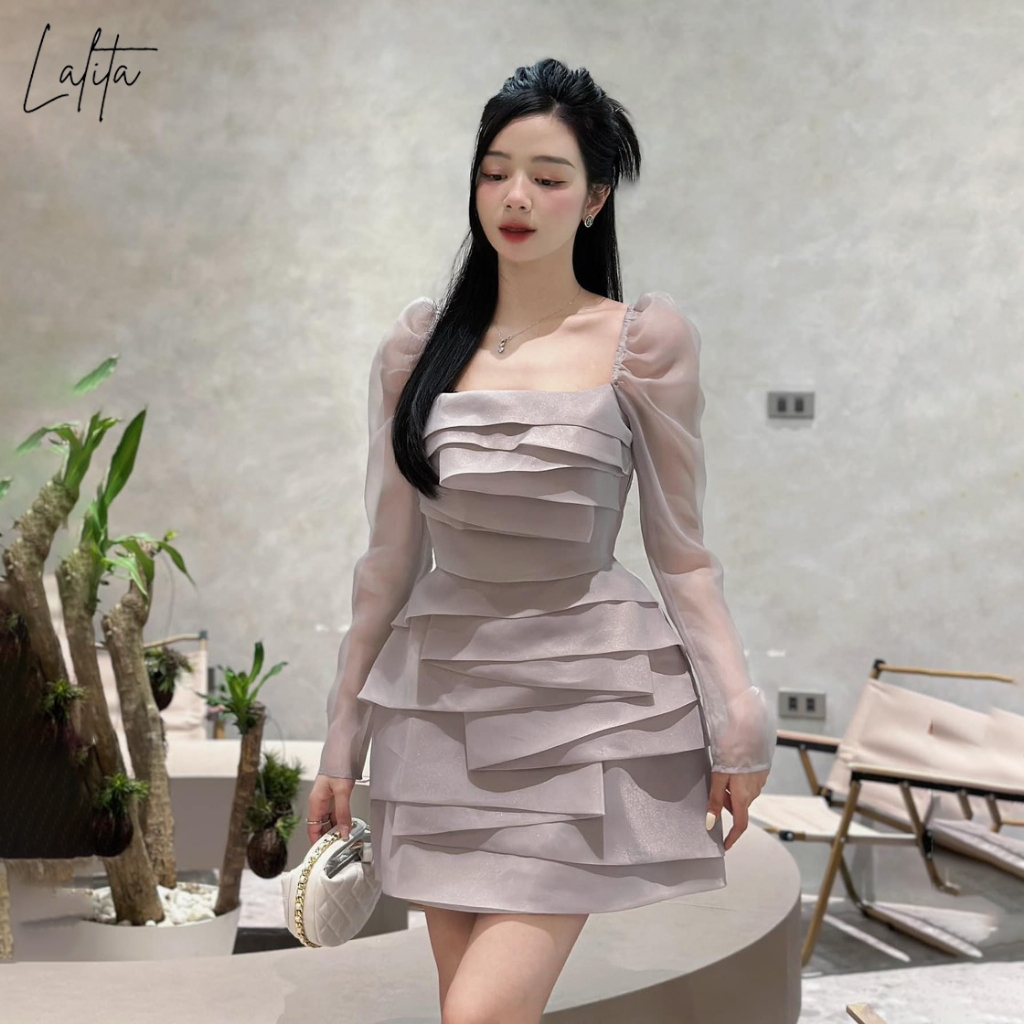 Váy xếp ly tay bồng phối tơ Laita ba màu be, đen,ghi có bigsize mã V50