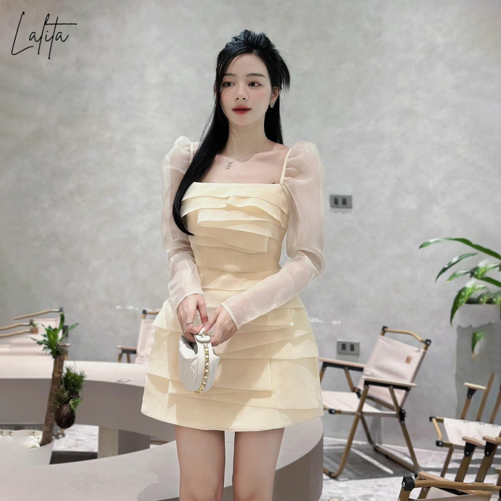 Váy xếp ly tay bồng phối tơ Laita ba màu be, đen,ghi có bigsize mã V50