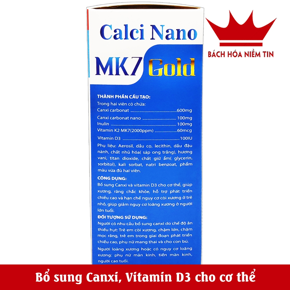 Viên uống hỗ trợ phát triển chiều cao CALCI MK7 Gold - Bổ sung Canxi, Vitamin D3. MK2   ngừa loãng xương
