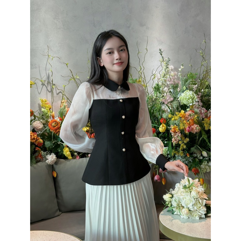 Áo sơ mi nữ tiểu thư thiết kế phối Oganza áo sơ mi nữ dài tay thiết kế chiết eo tôn dáng thanh lịch cobe.officiale