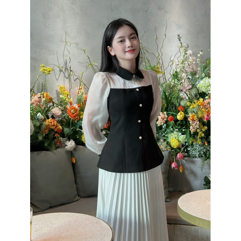 Áo sơ mi nữ tiểu thư thiết kế phối Oganza áo sơ mi nữ dài tay thiết kế chiết eo tôn dáng thanh lịch cobe.officiale