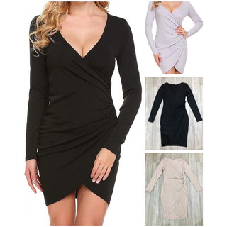 Đầm body charlotte russe dài tay chất cotton mềm nhún éo đáp tà cổ V