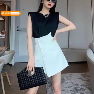 Quần short nữ Goness cạp cao giả váy kiểu vạt chéo phối cúc cao cấp co giãn tốt phong cách retro