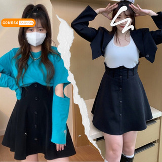 Chân váy xòe bigsize Goness cạp cao phối nhung vải vintex đẹp thiết kế cúc dọc thời trang Hàn Quốc