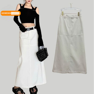 Chân váy dài Goness dáng chữ a bigsize lưng cao đai lệch phong cách công sở xòe thiết kế xẻ tà sau vải demi jean mềm mịn