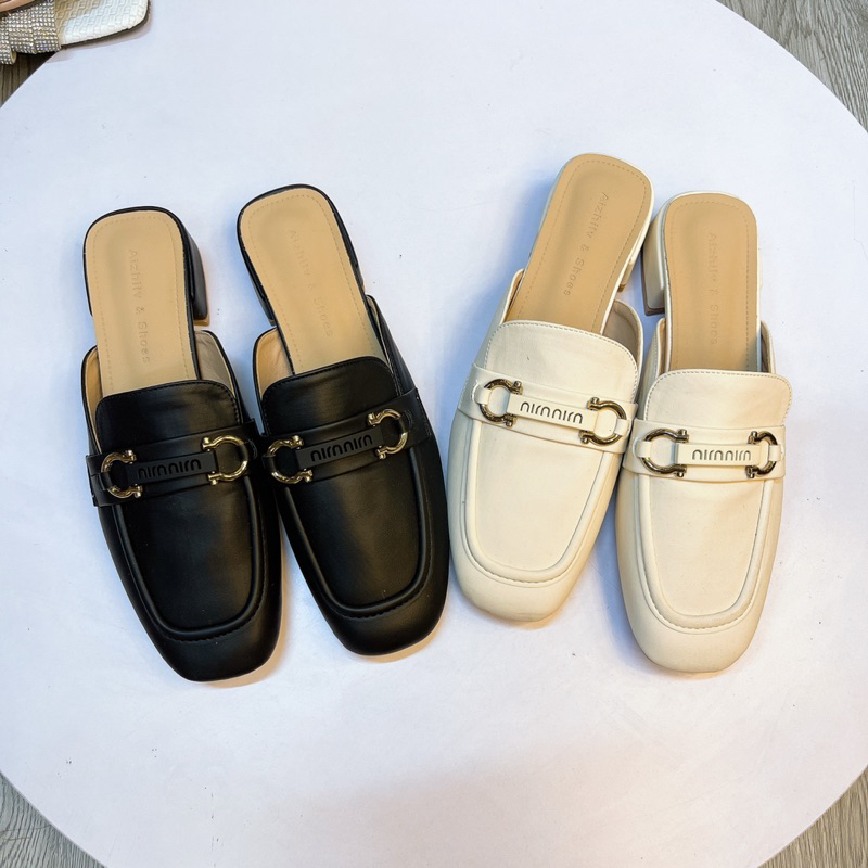 Giày Sục Nữ Da Mềm Đế 3p Mũi Vuông Khuy Khóa MiuMiu