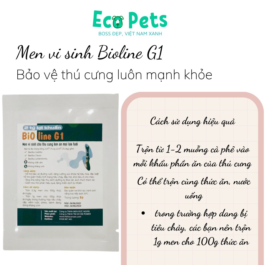 Men Vi Sinh Bioline G1 & Bột Dinh Dưỡng Beta Amin Ecopets Gói 5gr Tăng Đề Kháng và Ổn Định Đường Ruột Cho Chó Mèo