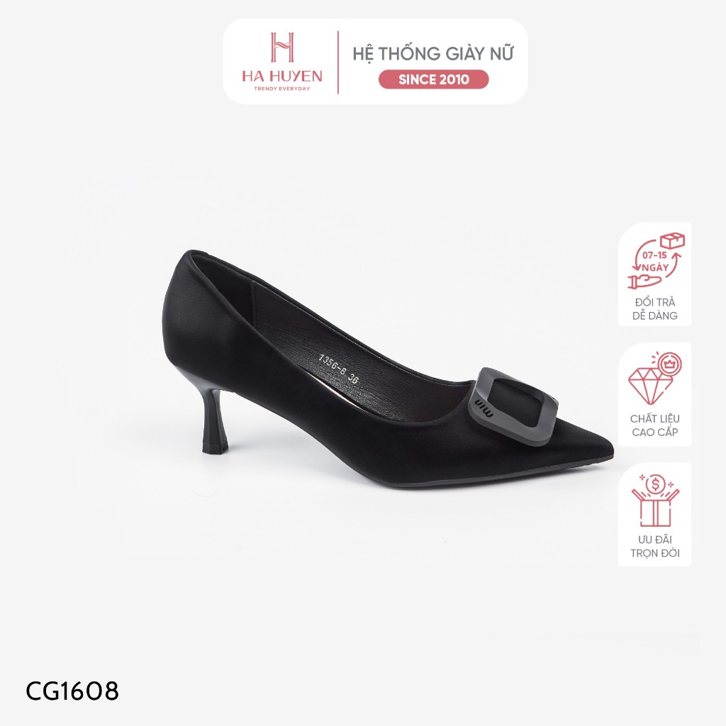 Giày cao gót nữ Hà Huyền Shoes da lì đính khóa nhựa chữ nhật gót nhọn 7 phân - CG1608