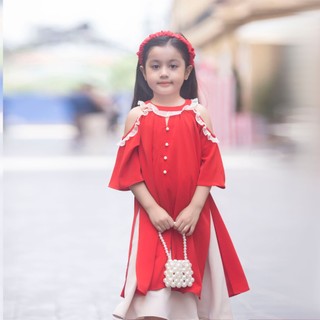 Áo dài bé gái kèm bờm đủ size 10-36kg