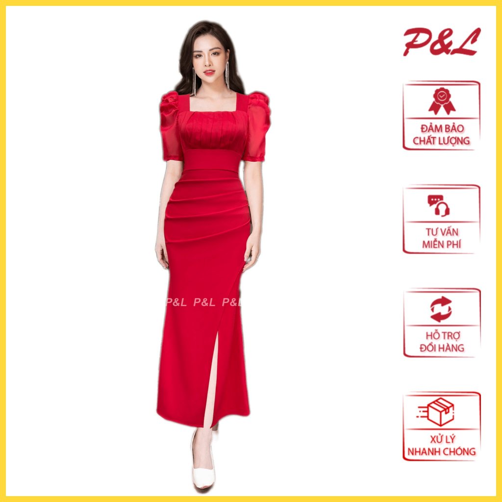 Váy Đầm Dự Tiệc Dạ Hội Trung Niên Thiết Kế Cao Cấp Tay Vol Nhún Ngực PL49