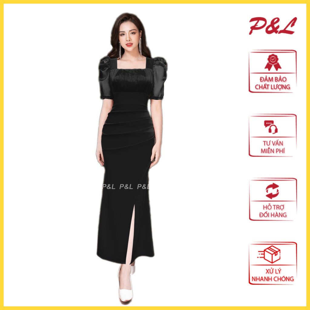 Váy Đầm Dự Tiệc Dạ Hội Trung Niên Thiết Kế Cao Cấp Tay Vol Nhún Ngực PL49