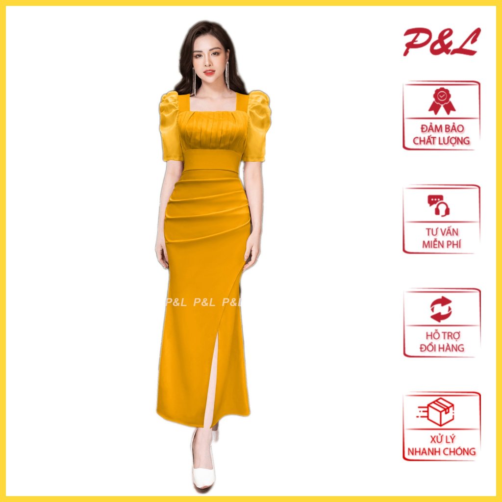 Váy Đầm Dự Tiệc Dạ Hội Trung Niên Thiết Kế Cao Cấp Tay Vol Nhún Ngực PL49