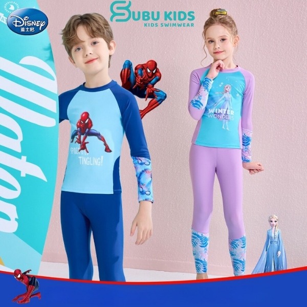 Đồ bơi trẻ em bé trai bé gái tay dài quần dài chống nắng họa tiết Disney siêu nhân và Esla cho bé tới 45kg