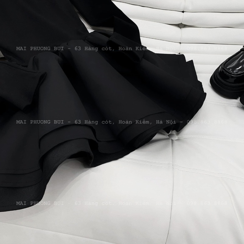 Váy Đen Trơn Cổ Tròn Tay Dài Chất Cotton Phối Thô Tacta Bồng, váy đen trơn Có Lót Quần Siêu Xinh V32
