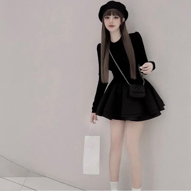 Váy Đen Trơn Cổ Tròn Tay Dài Chất Cotton Phối Thô Tacta Bồng, váy đen trơn Có Lót Quần Siêu Xinh V32