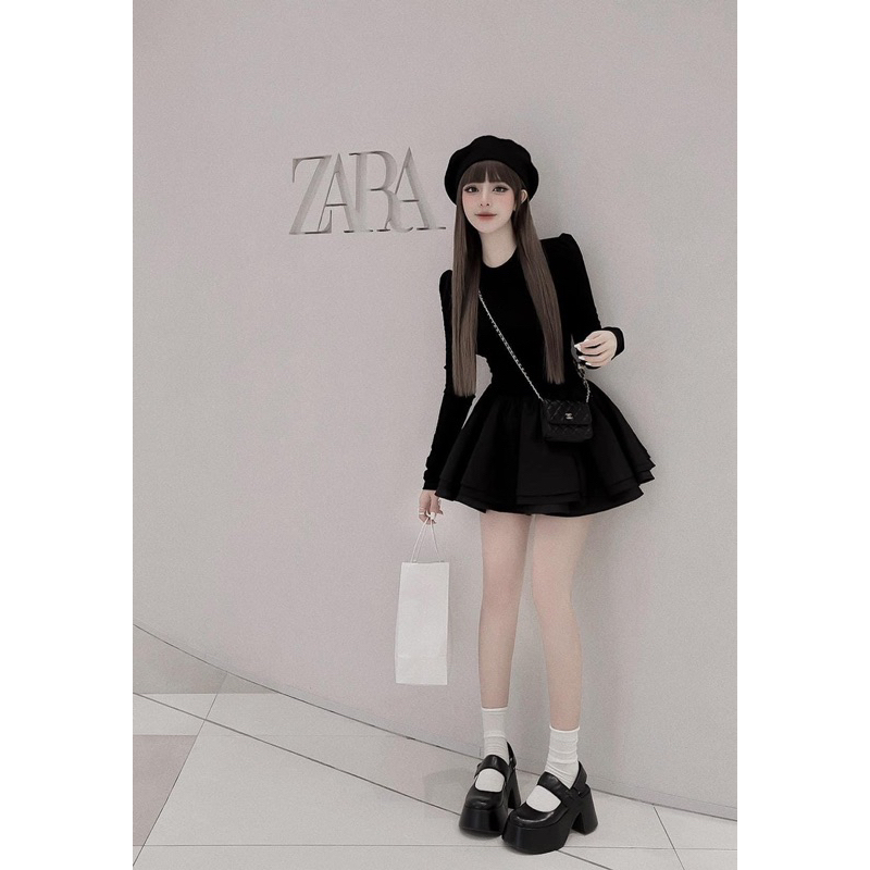 Váy Đen Trơn Cổ Tròn Tay Dài Chất Cotton Phối Thô Tacta Bồng, váy đen trơn Có Lót Quần Siêu Xinh V32