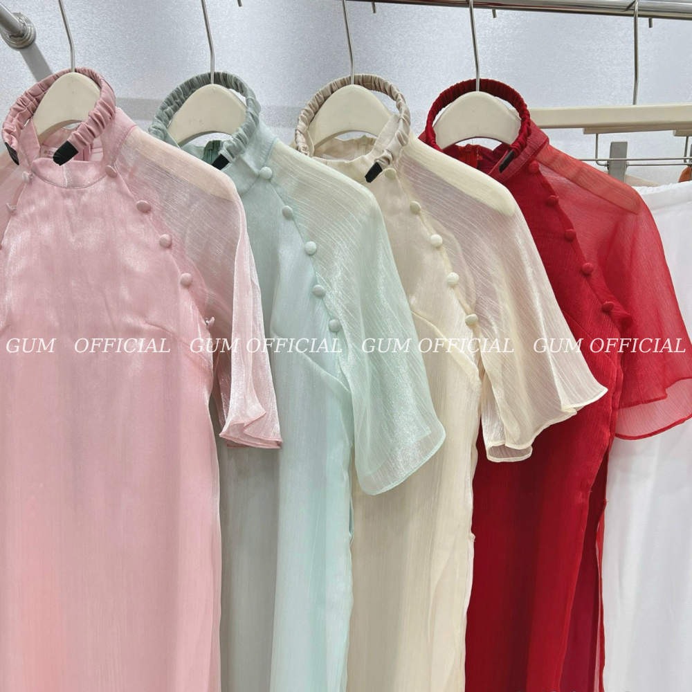 Set áo dài voan tơ trơn cộc tay 2 hàng cúc vai kèm quần GUM OFFICIAL , áo dài cách tân tay lỡ 4 tà lụa mềm