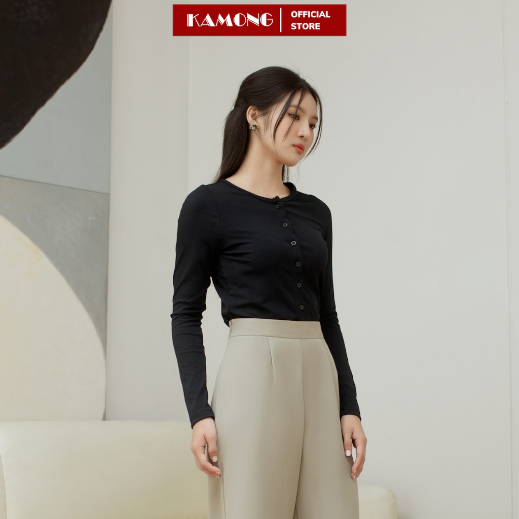 Áo croptop nữ tay dài cài nút KAMONG chất liệu thun tăm A149