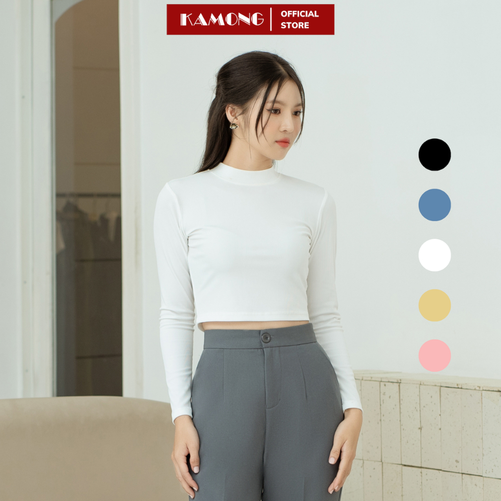 Áo thun nữ croptop tay dài cổ cao KAMONG chất liệu thun tăm A150