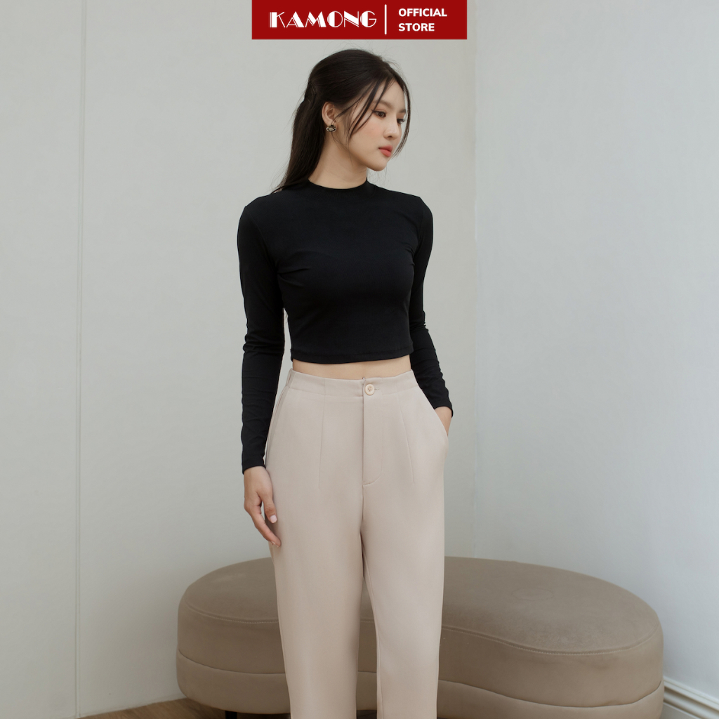 Áo thun nữ croptop tay dài cổ cao KAMONG chất liệu thun tăm A150