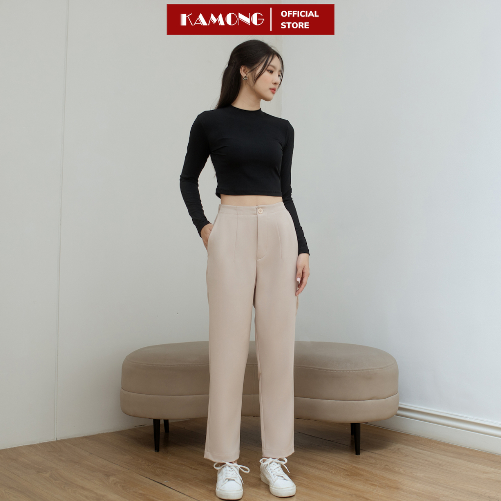 Áo thun nữ croptop tay dài cổ cao KAMONG chất liệu thun tăm A150