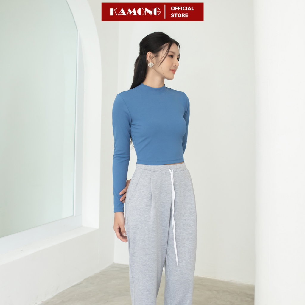 Áo thun nữ croptop tay dài cổ cao KAMONG chất liệu thun tăm A150