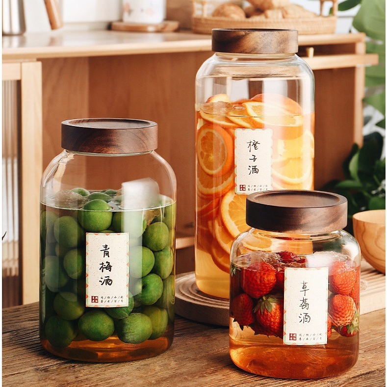 Hũ/Lọ Thủy Tinh Nắp Gỗ Vặn, Bình Thủy Tinh Nắp Vặn Size To Dáng Bầu Ngâm Hoa Quả, Đựng Đồ Khô