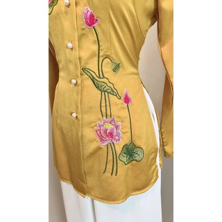 Ao lẻ bà ba thiêu hoa sen cổ tròn tay dài