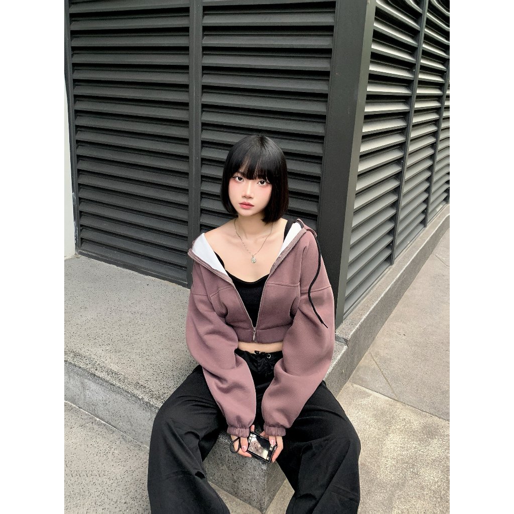 Calem Club - Áo khoác nữ Hoodie zip Croptop nỉ cotton Trơn basic nhiều màu thoáng mát