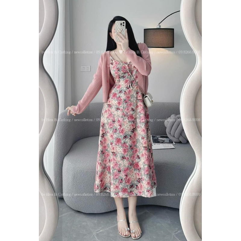 Sét váy 2 dây hoa dáng dài kèm áo cadigan hồng dài tay