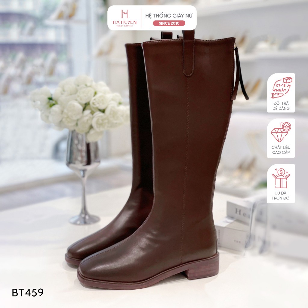 Giày boot nữ Hà Huyền Shoes bốt gối mũi tròn khóa kéo sau gót vuông 5 phân trẻ trung - BT459