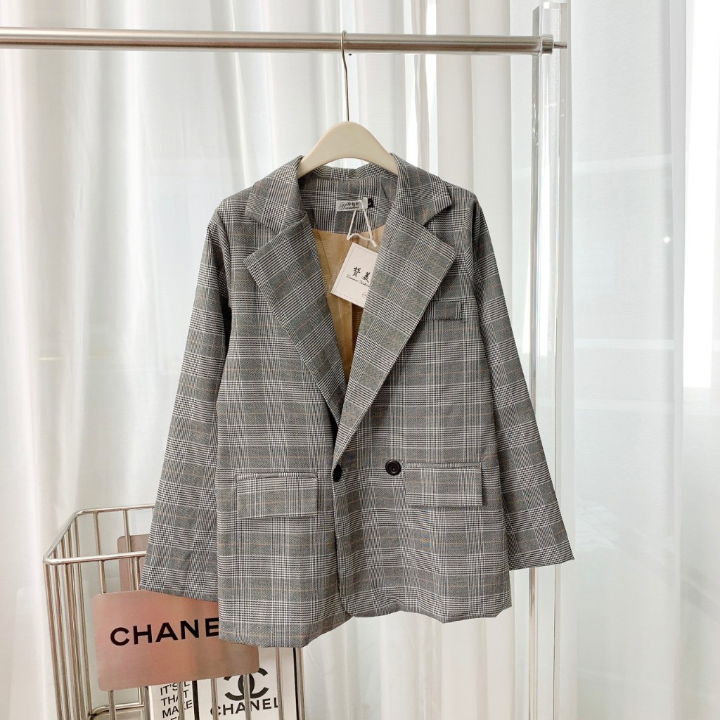 Áo Blazer Nữ Kẻ Sọc Caro 2 Cúc Dài Tay, Hàng 2 Lớp Áo Khoác Nữ Dệt Lót Lớp Gió