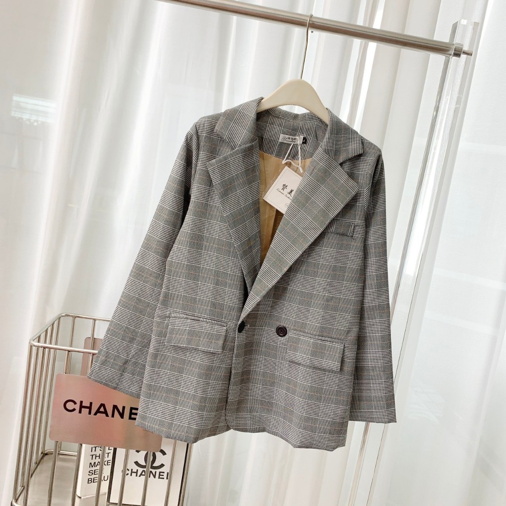 Áo Blazer Nữ Kẻ Sọc Caro 2 Cúc Dài Tay, Hàng 2 Lớp Áo Khoác Nữ Dệt Lót Lớp Gió