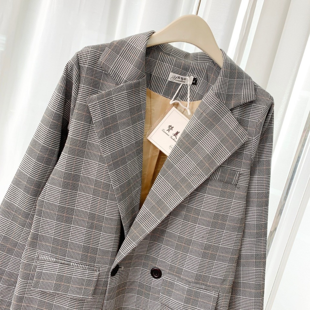 Áo Blazer Nữ Kẻ Sọc Caro 2 Cúc Dài Tay, Hàng 2 Lớp Áo Khoác Nữ Dệt Lót Lớp Gió