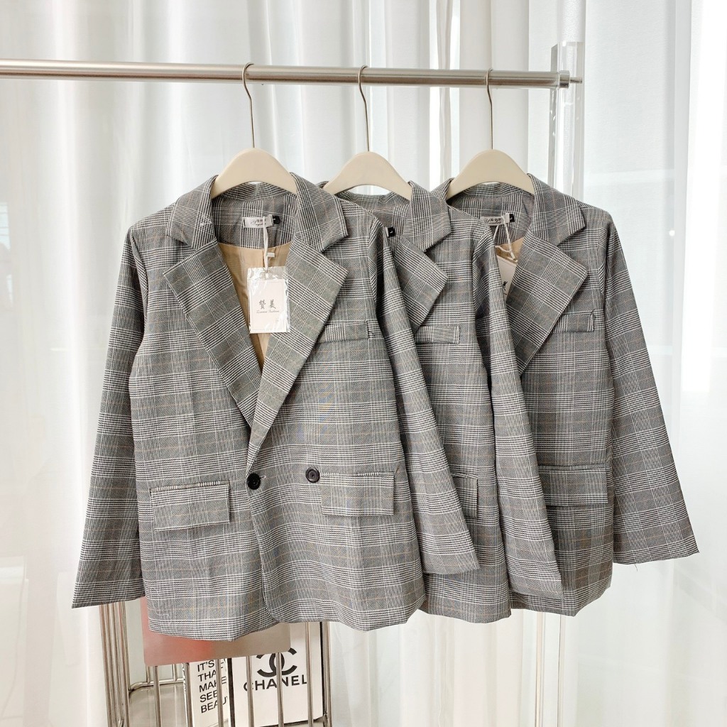 Áo Blazer Nữ Kẻ Sọc Caro 2 Cúc Dài Tay, Hàng 2 Lớp Áo Khoác Nữ Dệt Lót Lớp Gió