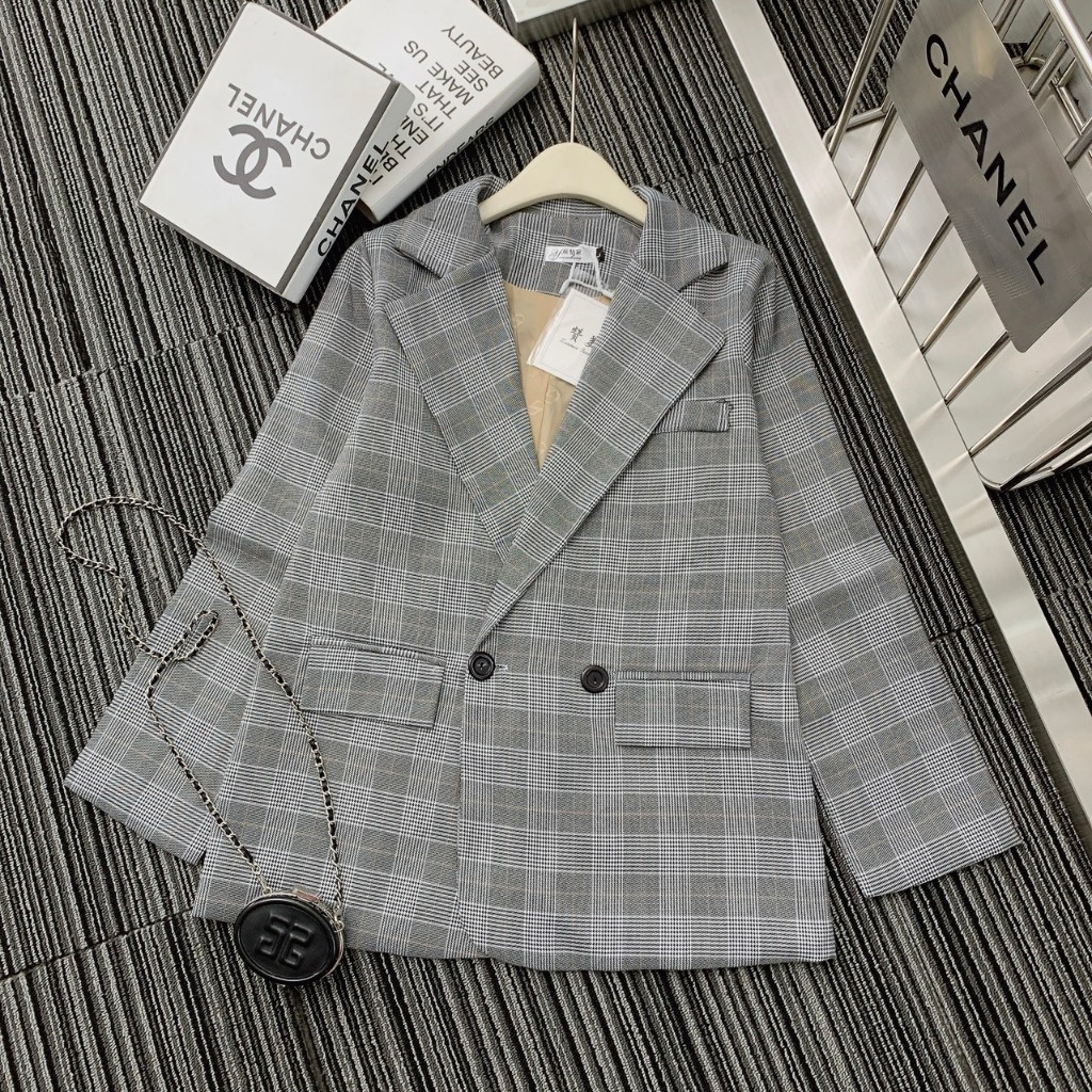 Áo Blazer Nữ Kẻ Sọc Caro 2 Cúc Dài Tay, Hàng 2 Lớp Áo Khoác Nữ Dệt Lót Lớp Gió