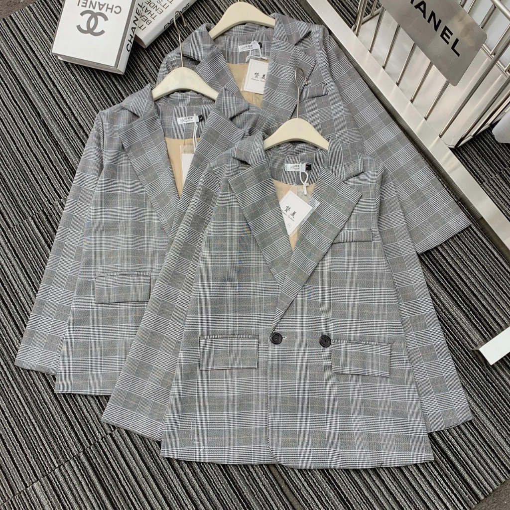 Áo Blazer Nữ Kẻ Sọc Caro 2 Cúc Dài Tay, Hàng 2 Lớp Áo Khoác Nữ Dệt Lót Lớp Gió