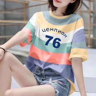 Áo thun kẻ sọc ngang in chữ thời trang trẻ trung
