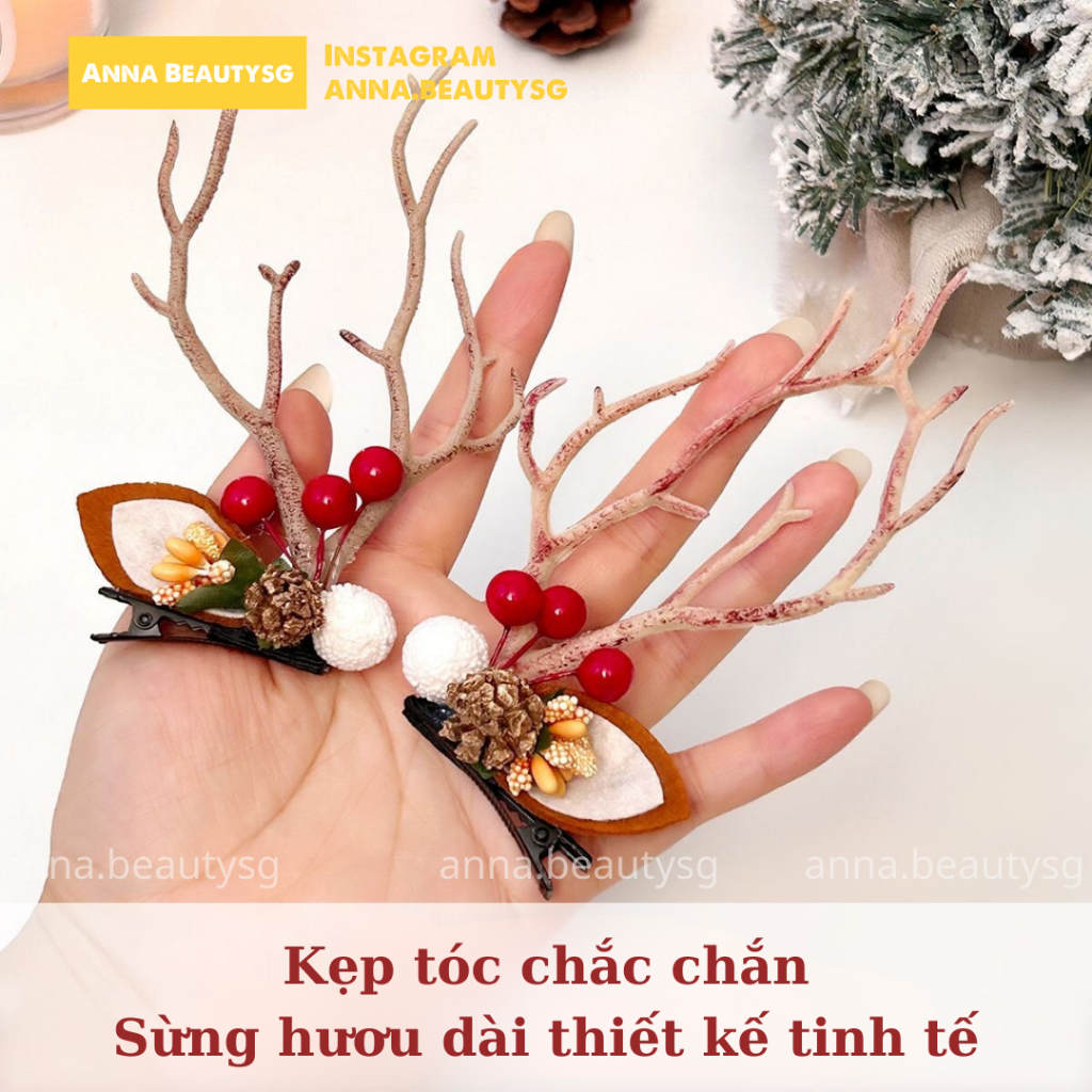 Kẹp tóc Noel tai tuần lộc cao cấp, kẹp tóc Giáng Sinh đẹp hình sừng huơu 2 bên, phụ kiện tóc ấn tượng