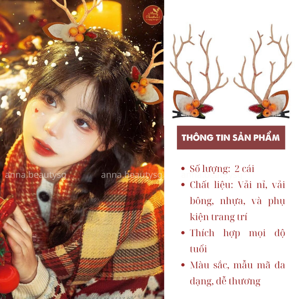 Kẹp tóc Noel tai tuần lộc cao cấp, kẹp tóc Giáng Sinh đẹp hình sừng huơu 2 bên, phụ kiện tóc ấn tượng