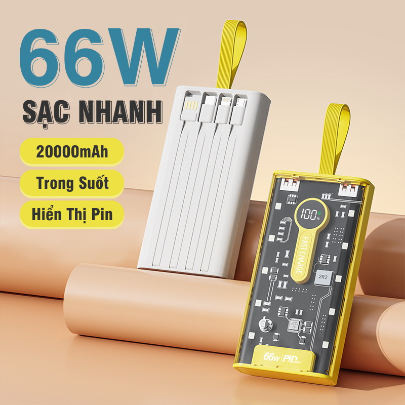 Sạc dự phòng Trong Suốt PD 66w Dung Lượng 20000mAh với thiết kế hiện đại có thể nhìn được bản mạch bên trong