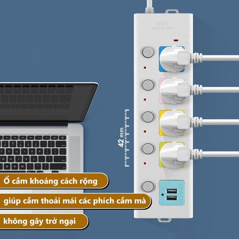 Ổ cắm điện đa năng METIS 2 cổng usb chịu tải 2000W, Ổ điện thông minh trắng dây dài 4M có chốt an toàn tiện dụng