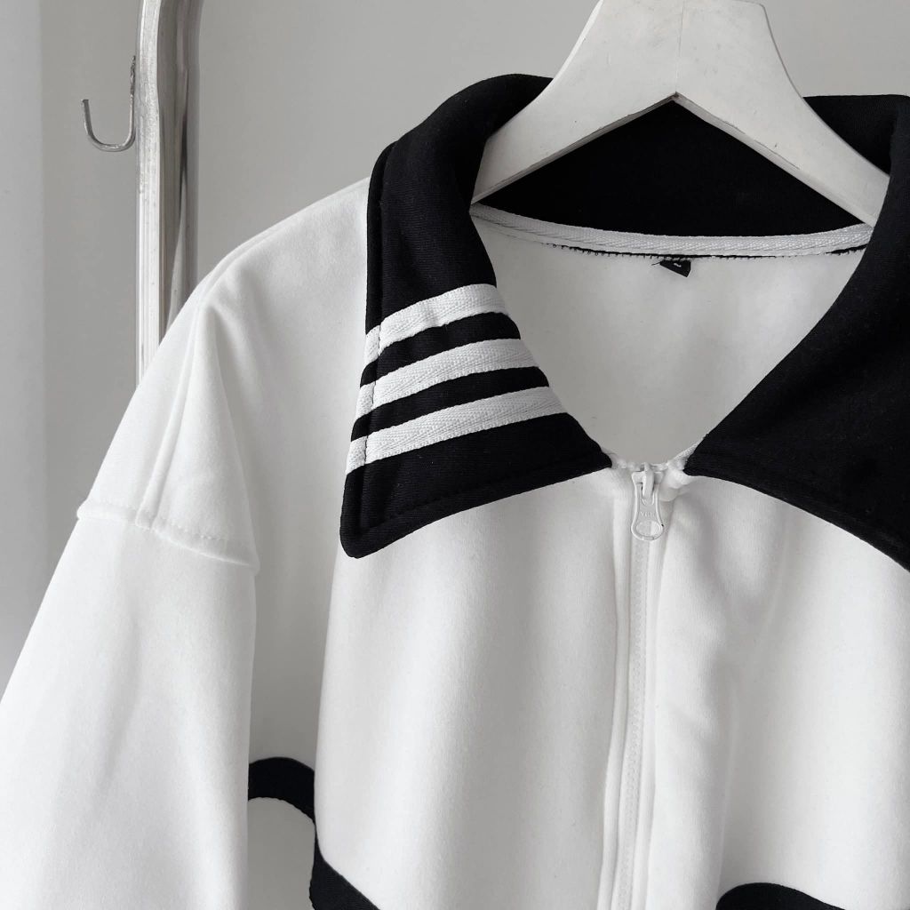 Áo khoác nỉ viền trơn-3-STRIPE COLLAR / form rộng unisex