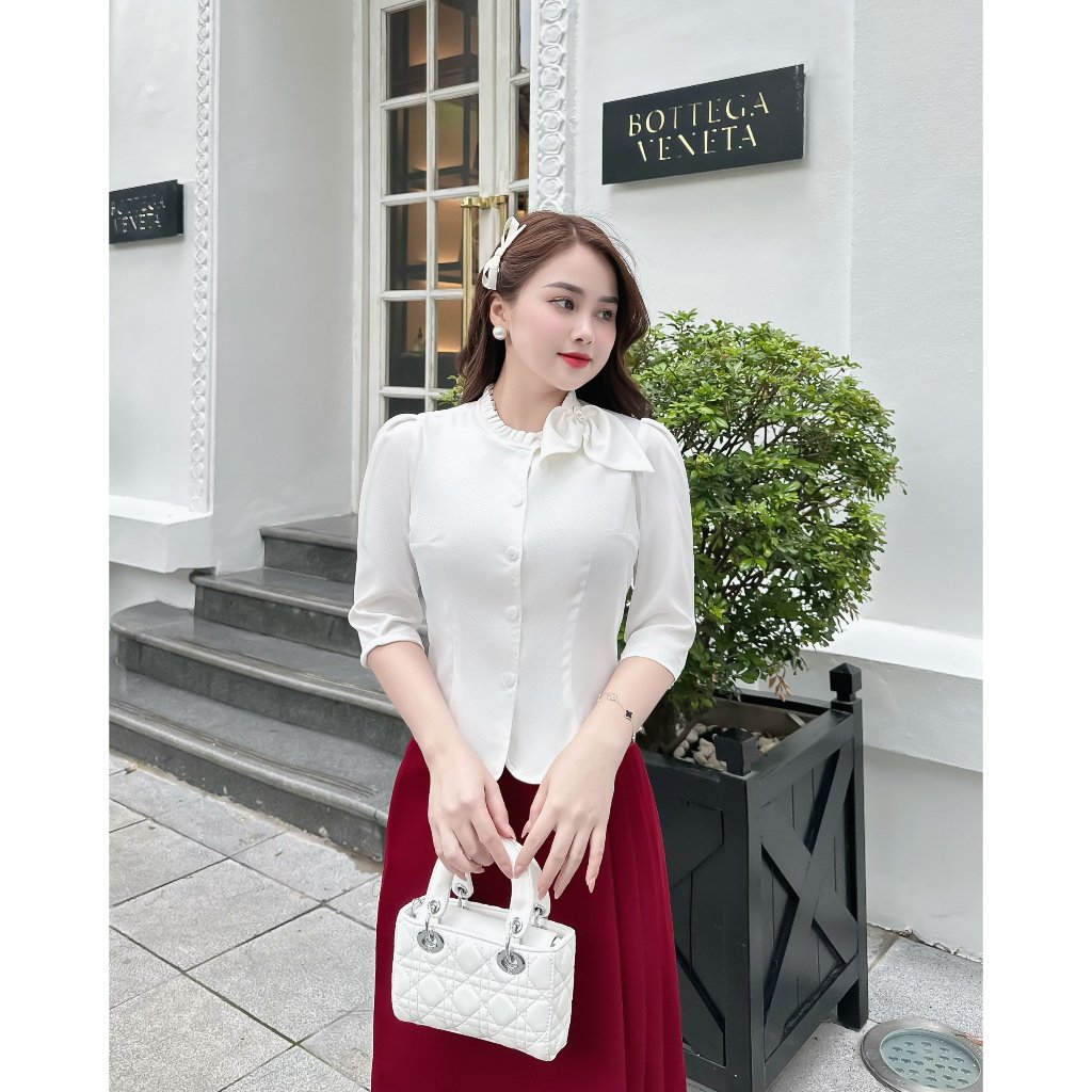 Sơ mi bèo có nơ vai UK Fashion Cao Cấp, Tơ Lụa Mềm Mại dành cho quý cô công sơ UKSM2310001