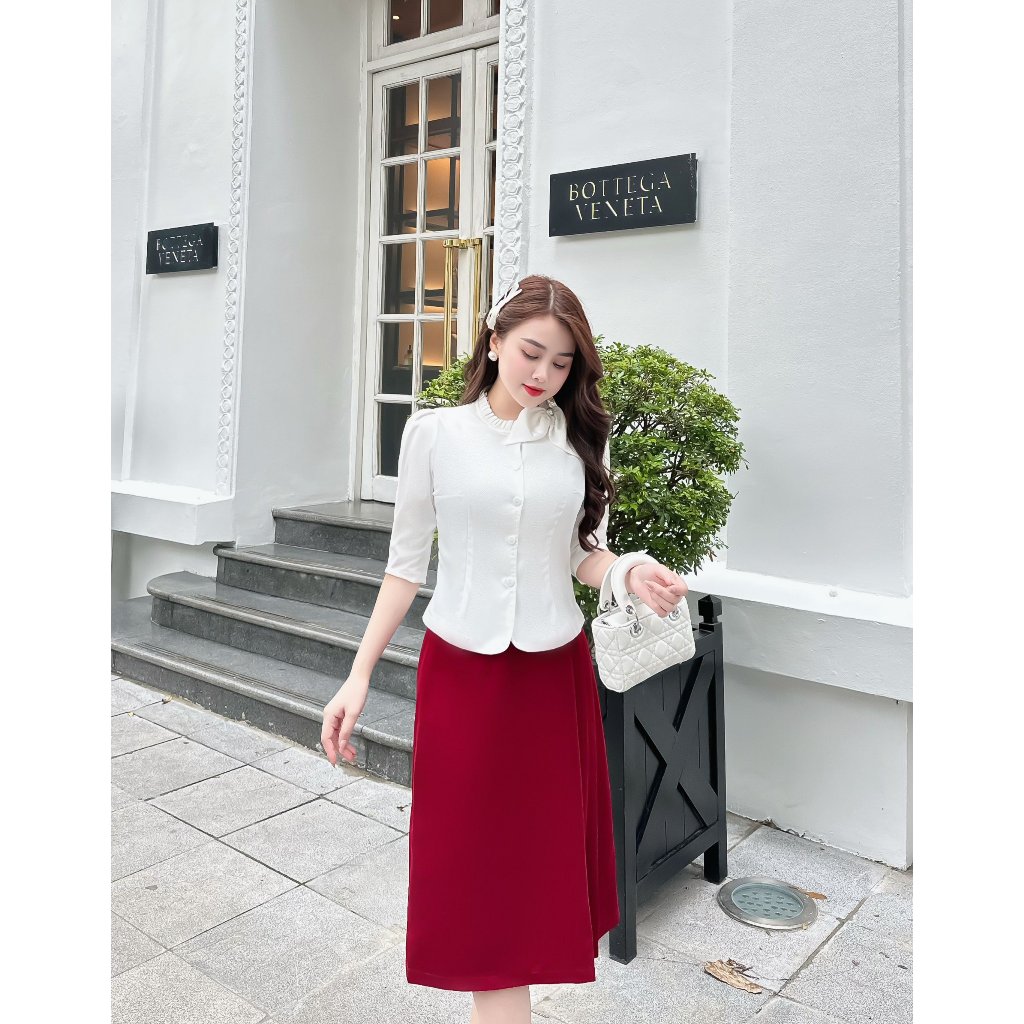 Sơ mi bèo có nơ vai UK Fashion Cao Cấp, Tơ Lụa Mềm Mại dành cho quý cô công sơ UKSM2310001