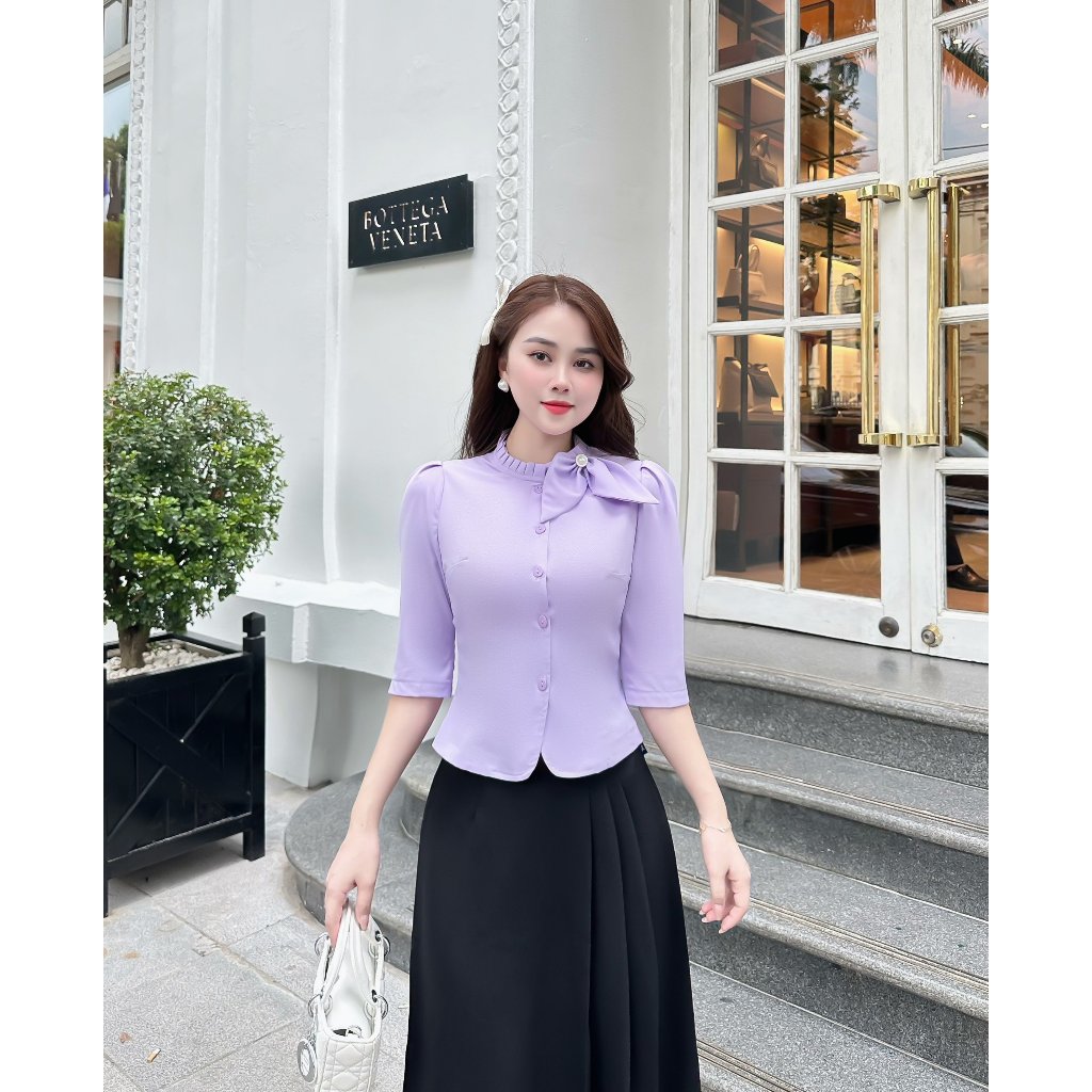 Sơ mi bèo có nơ vai UK Fashion Cao Cấp, Tơ Lụa Mềm Mại dành cho quý cô công sơ UKSM2310001