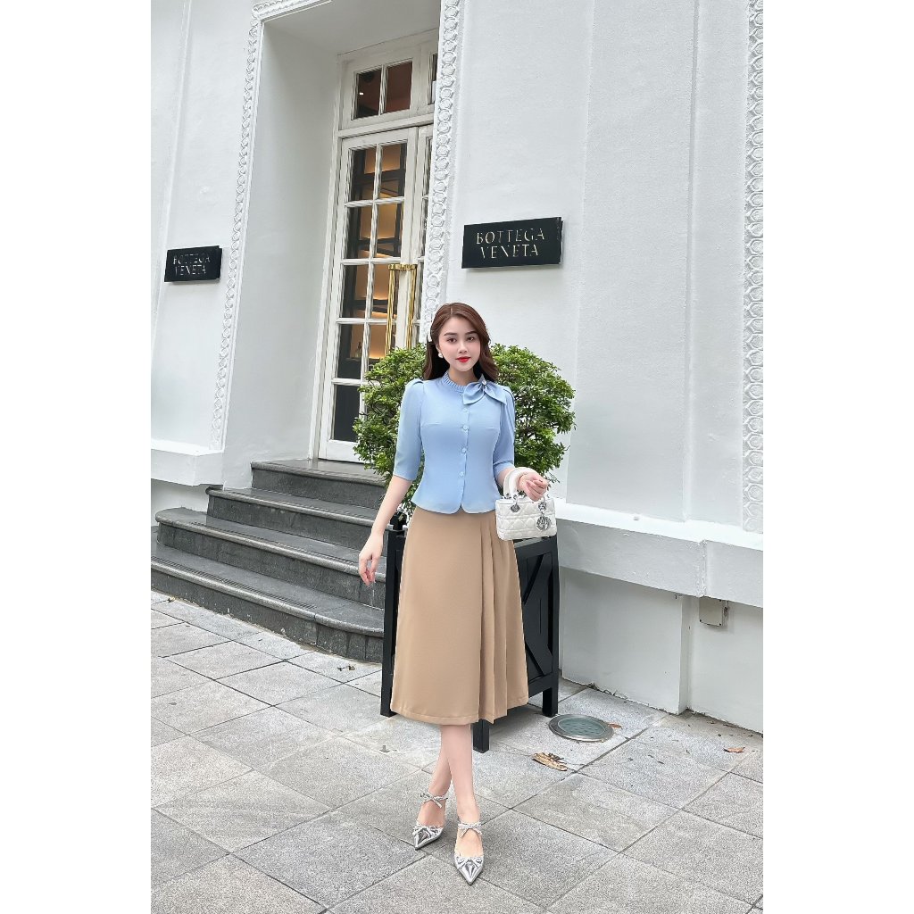 Sơ mi bèo có nơ vai UK Fashion Cao Cấp, Tơ Lụa Mềm Mại dành cho quý cô công sơ UKSM2310001